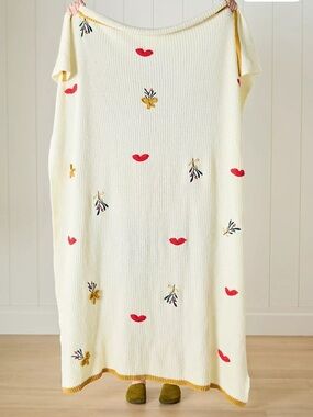 Anthropologie Cream Knitted Blanket with Embroidered Lips and Flowers